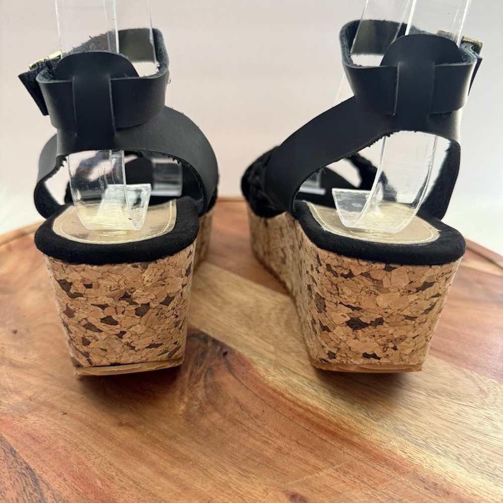 Alicia Leon Womens Black Braided Cork Size 8 Platform Wedge Sandals LIGHT WEIGHT - Picture 4 of 10